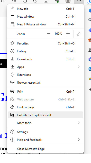 Screenshot of Exit Internet Explorer mode in dropdown menu