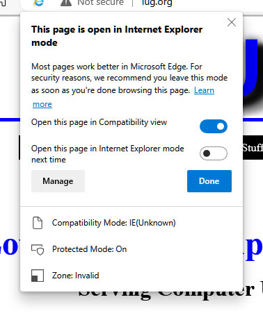 Screenshot of Internet Explorer mode options