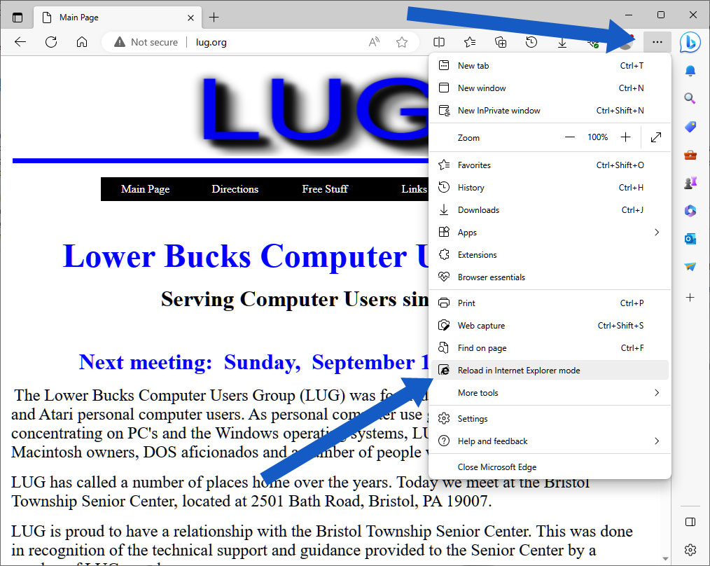 Screenshot of Edge with Reload in Internet Explorer mode in dropdown menu