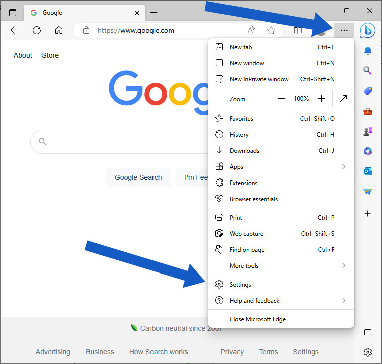 Screenshot of Edge showing dropdown menu and settings