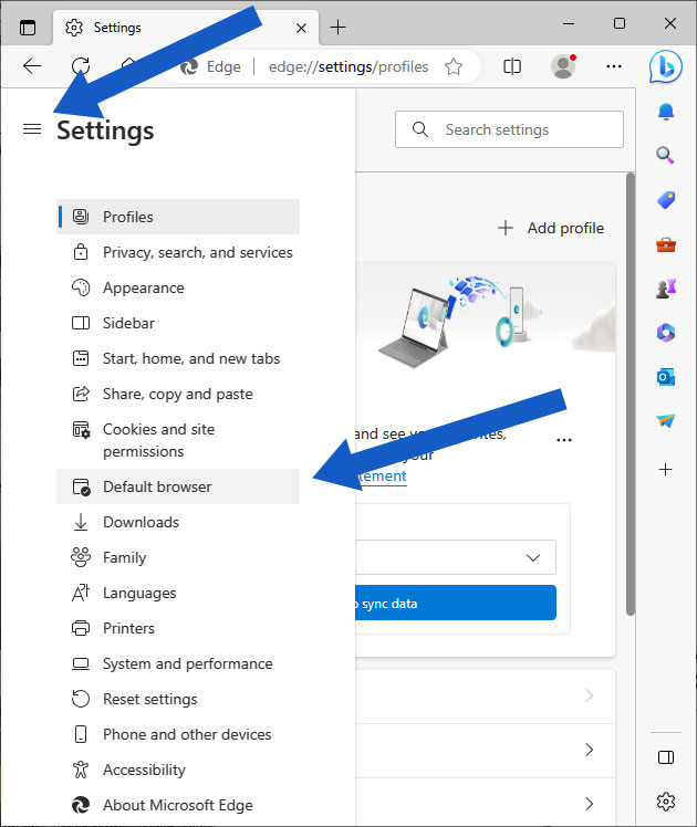 Screenshot of Egde settings menu with Default browser option