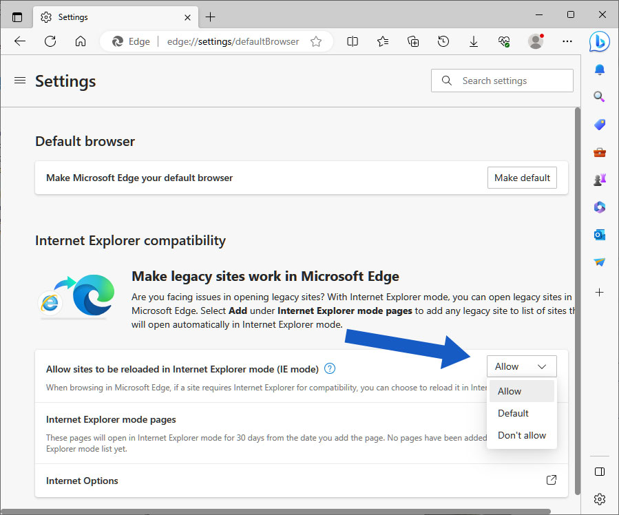 Screenshot of Edge browser with Allow sites to reload in IE mode