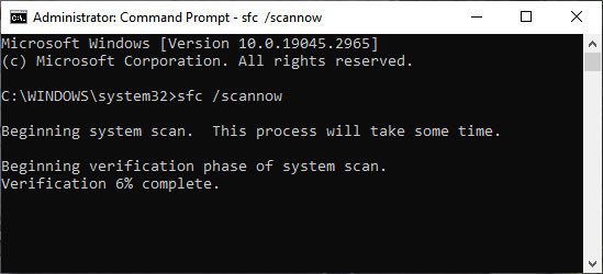 sfc /scannow entered at command prompt