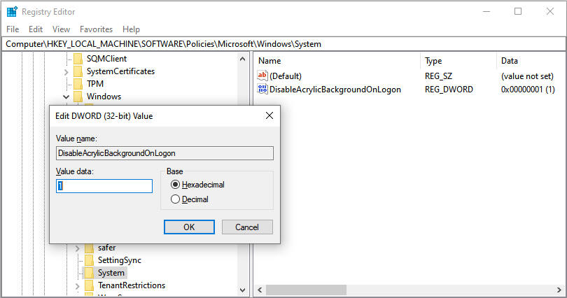 Create registry value dialog box